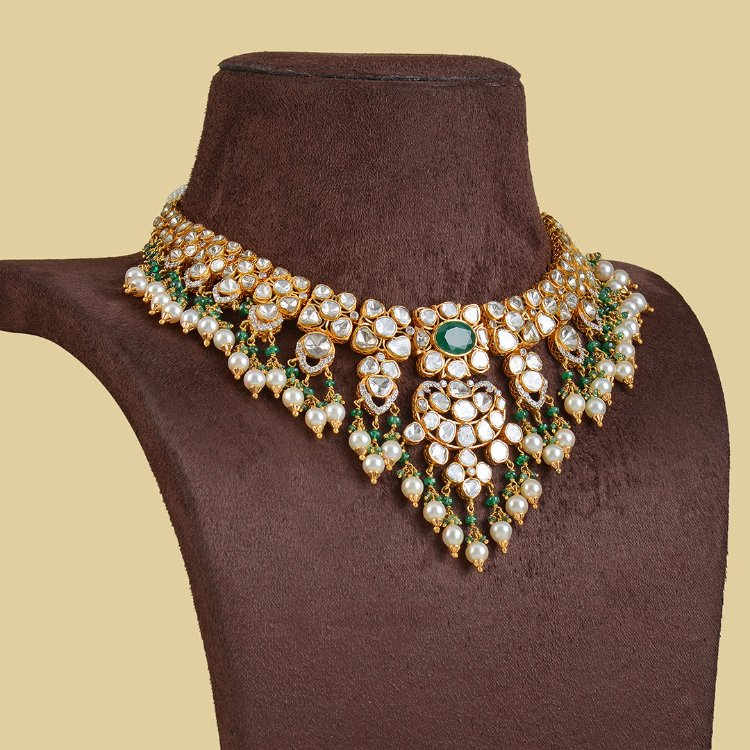 22k Gold Polki Emerald Pearl Necklace - Krishna Jewellers Pearls and Gems