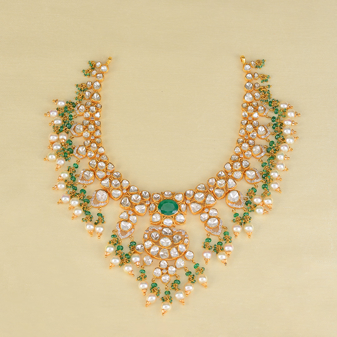 22k Gold Polki Emerald Pearl Necklace - Krishna Jewellers Pearls and Gems