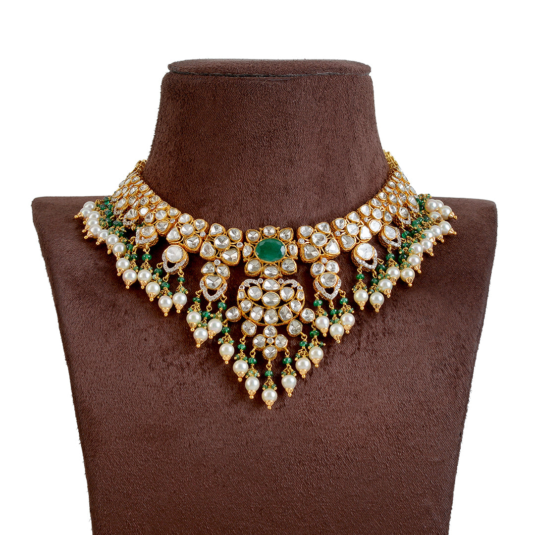 22k Gold Polki Emerald Pearl Necklace - Krishna Jewellers Pearls and Gems
