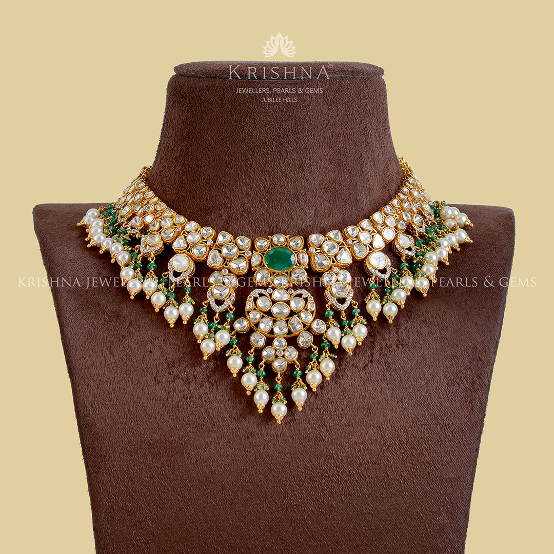 22k Gold Polki Emerald Pearl Necklace - Krishna Jewellers Pearls and Gems