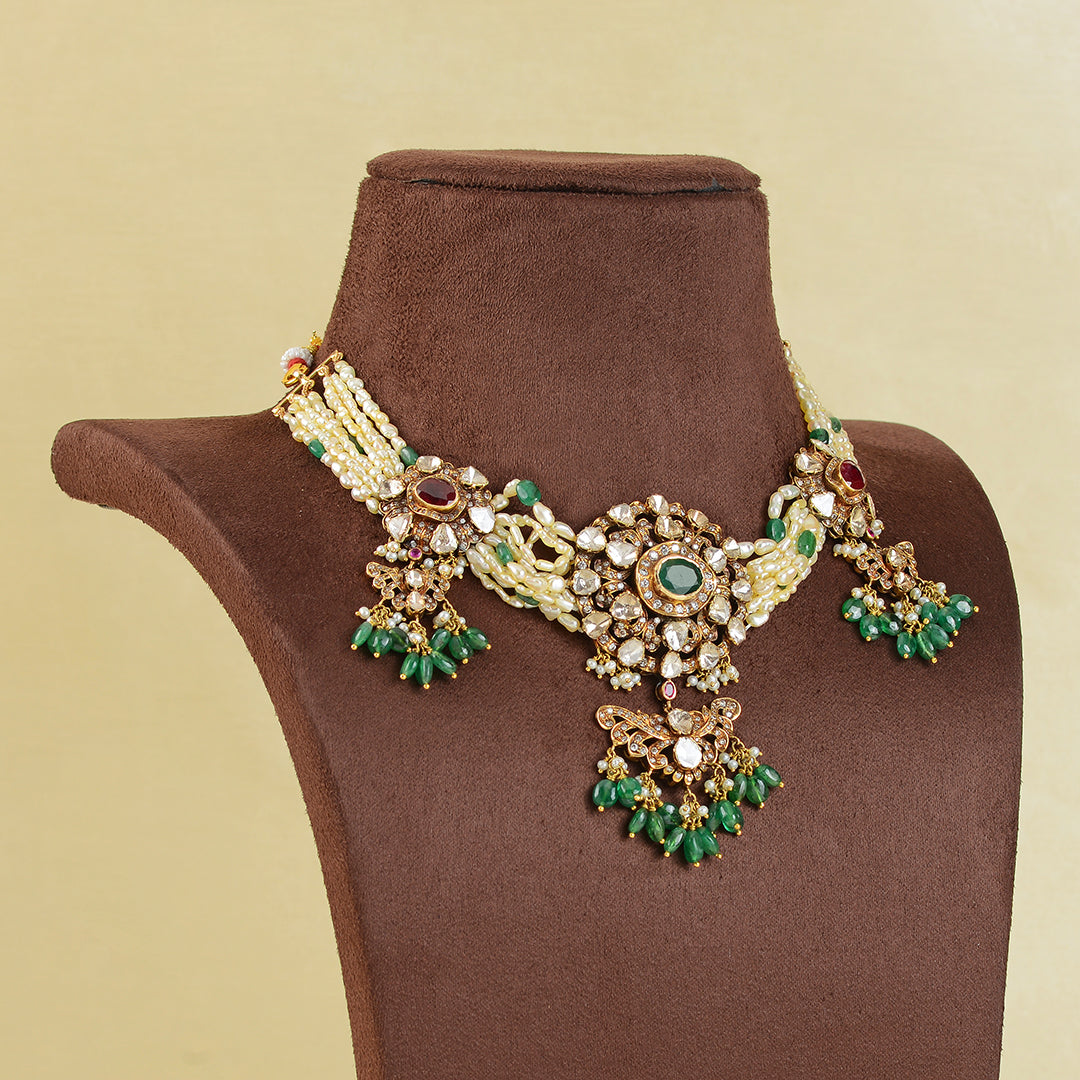 18k Victorian Polki Emerald Pearl Choker - Krishna Jewellers Pearls and Gems