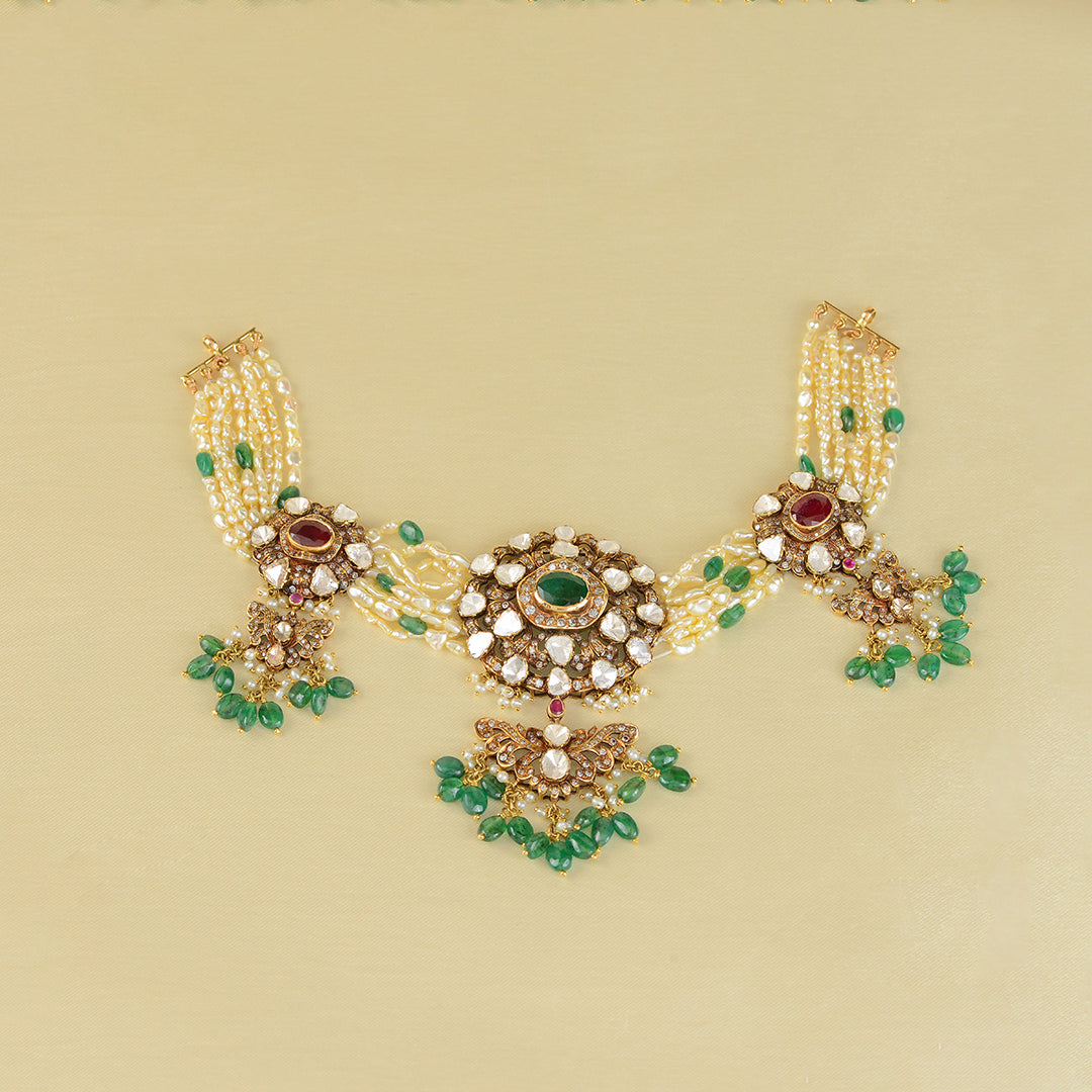 18k Victorian Polki Emerald Pearl Choker - Krishna Jewellers Pearls and Gems