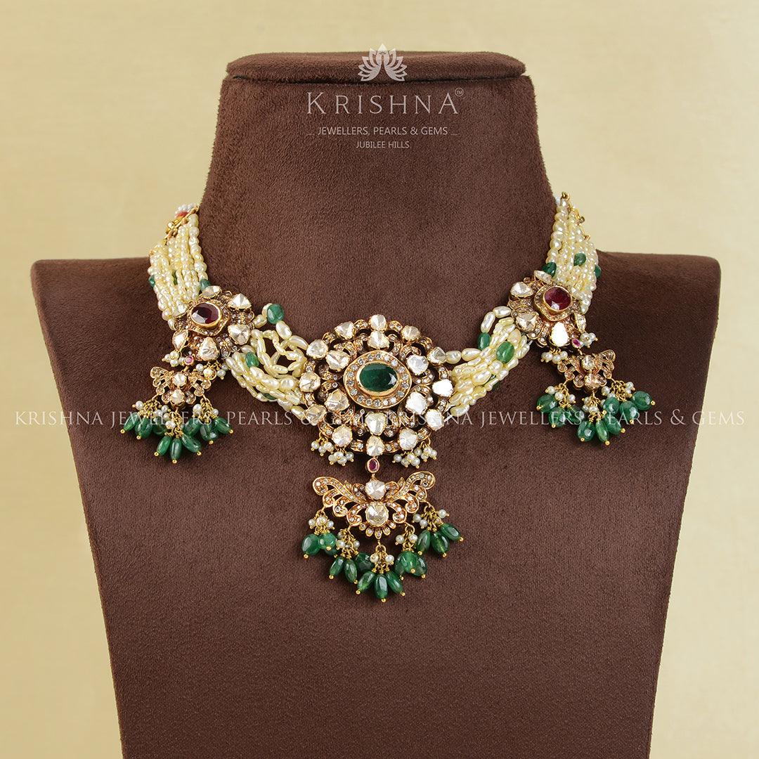 18k Victorian Polki Emerald Pearl Choker - Krishna Jewellers Pearls and Gems