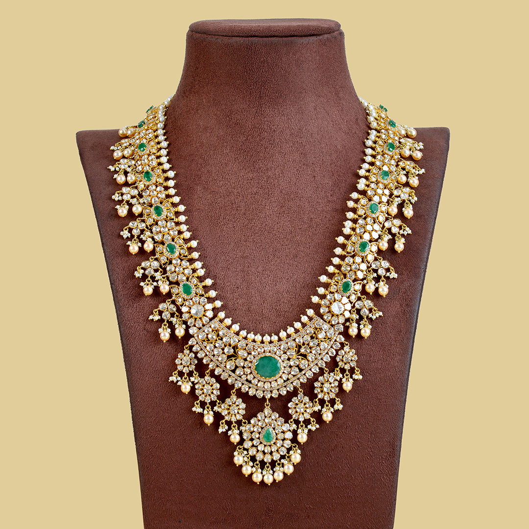 Gold Polki Emerald Long Necklace - Krishna Jewellers Pearls and Gems