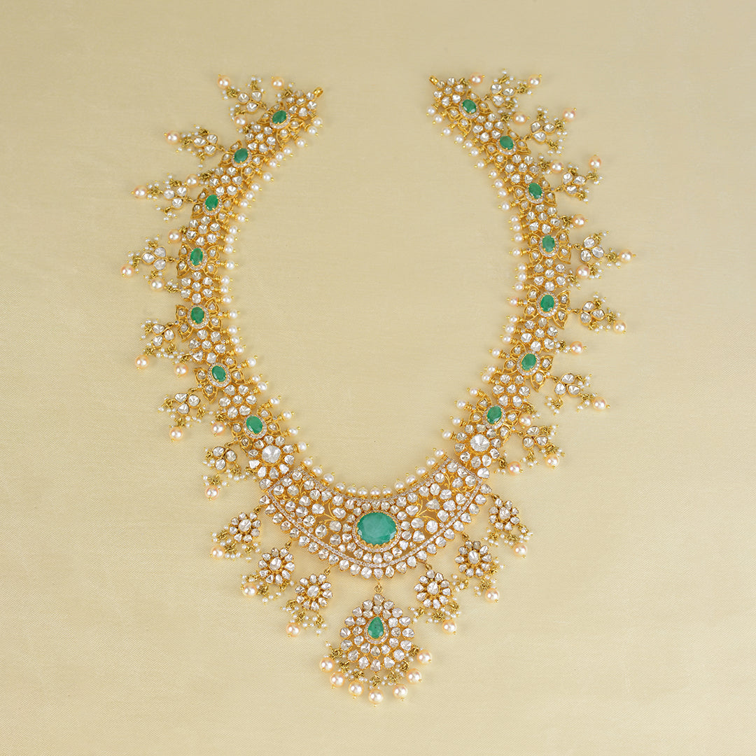 Gold Polki Emerald Long Necklace - Krishna Jewellers Pearls and Gems