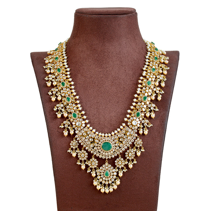Gold Polki Emerald Long Necklace - Krishna Jewellers Pearls and Gems