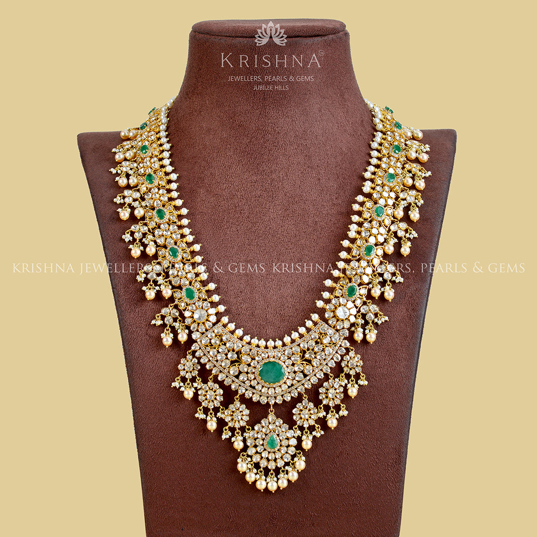 Gold Polki Emerald Long Necklace - Krishna Jewellers Pearls and Gems