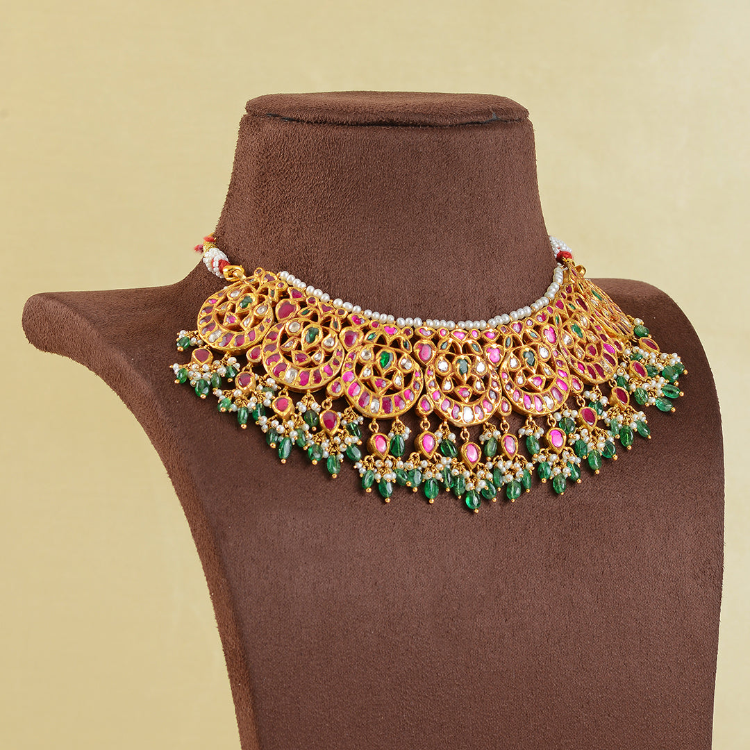 Rose Cut Polki Emerald Choker - Krishna Jewellers Pearls and Gems