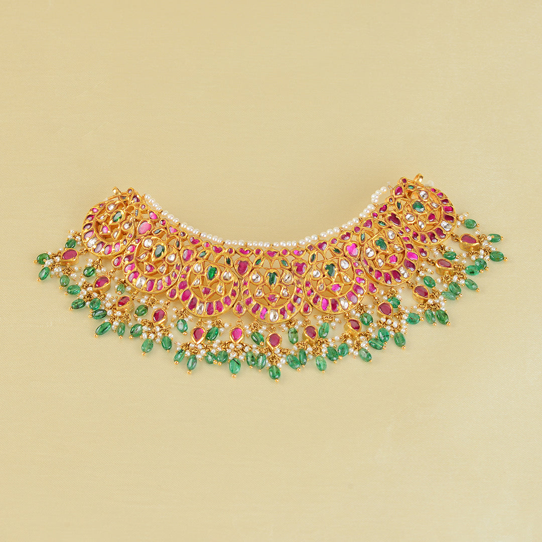 Rose Cut Polki Emerald Choker - Krishna Jewellers Pearls and Gems