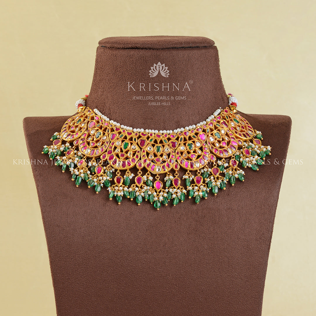 Rose Cut Polki Emerald Choker - Krishna Jewellers Pearls and Gems