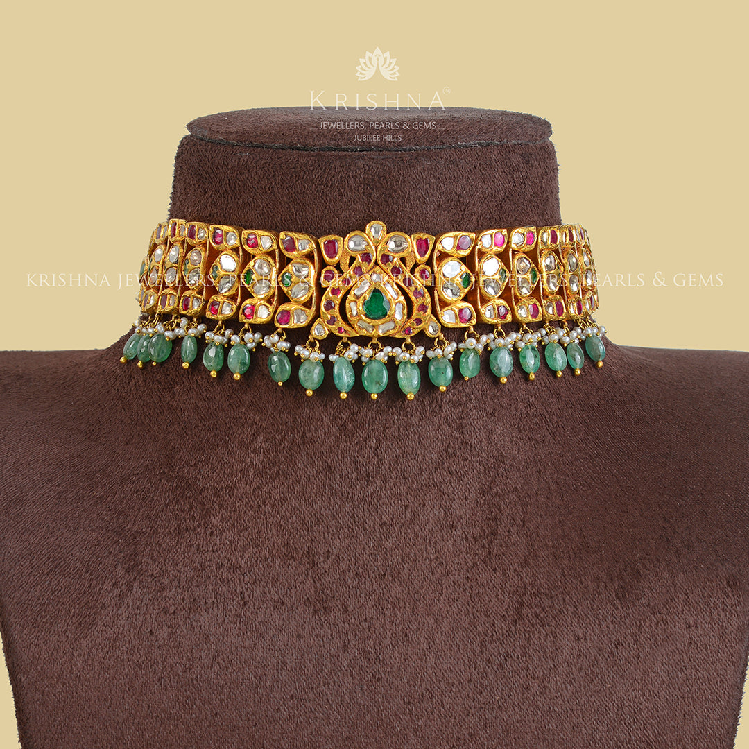 22k Gold Kundan Polki Choker - Krishna Jewellers Pearls and Gems