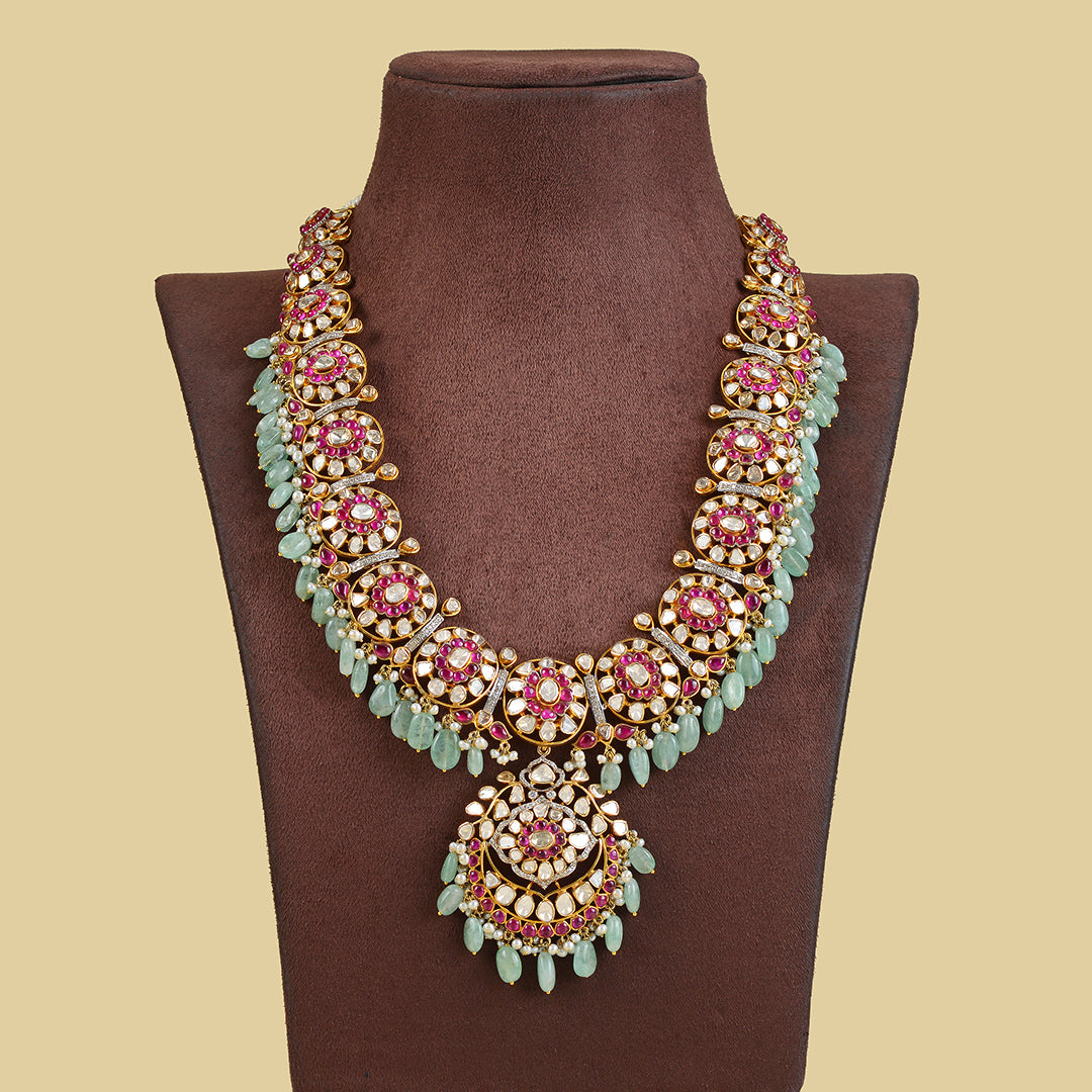 14k Gold Ruby Emerald Polki Necklace - Krishna Jewellers Pearls and Gems