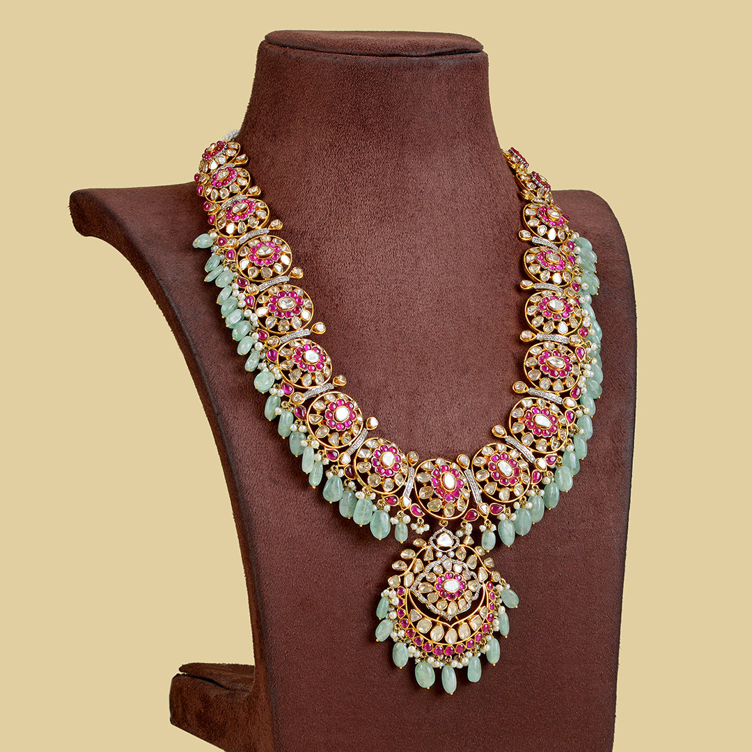 14k Gold Ruby Emerald Polki Necklace - Krishna Jewellers Pearls and Gems