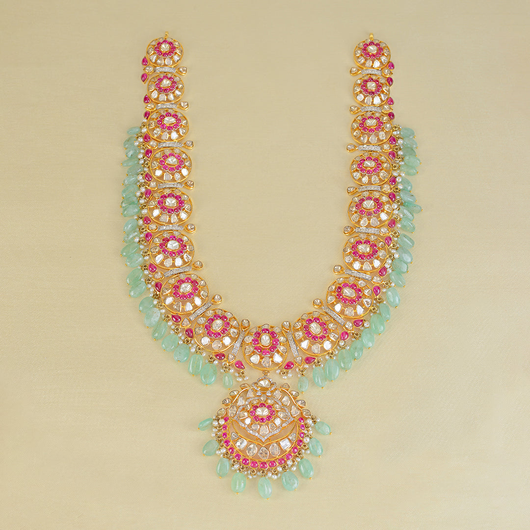 14k Gold Ruby Emerald Polki Necklace - Krishna Jewellers Pearls and Gems