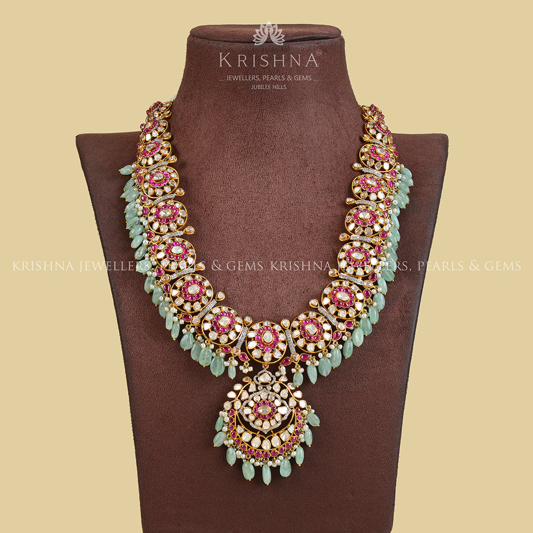 14k Gold Ruby Emerald Polki Necklace - Krishna Jewellers Pearls and Gems