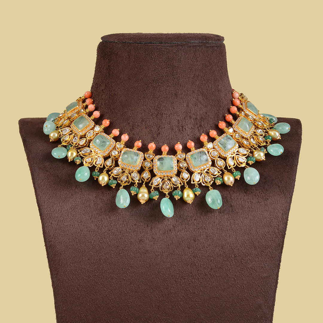 Emerald Polki Coral Choker - Krishna Jewellers Pearls and Gems