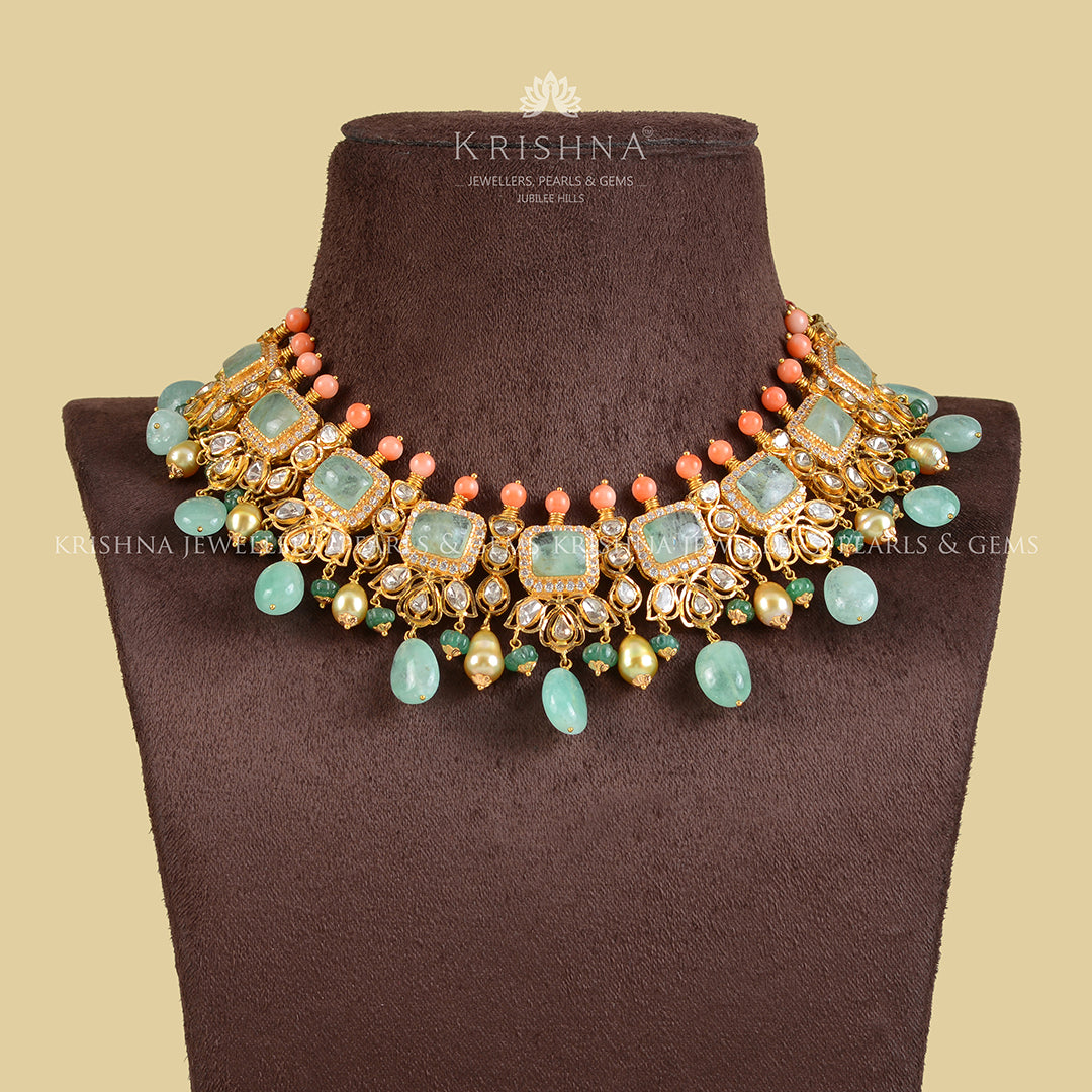 Emerald Polki Coral Choker - Krishna Jewellers Pearls and Gems