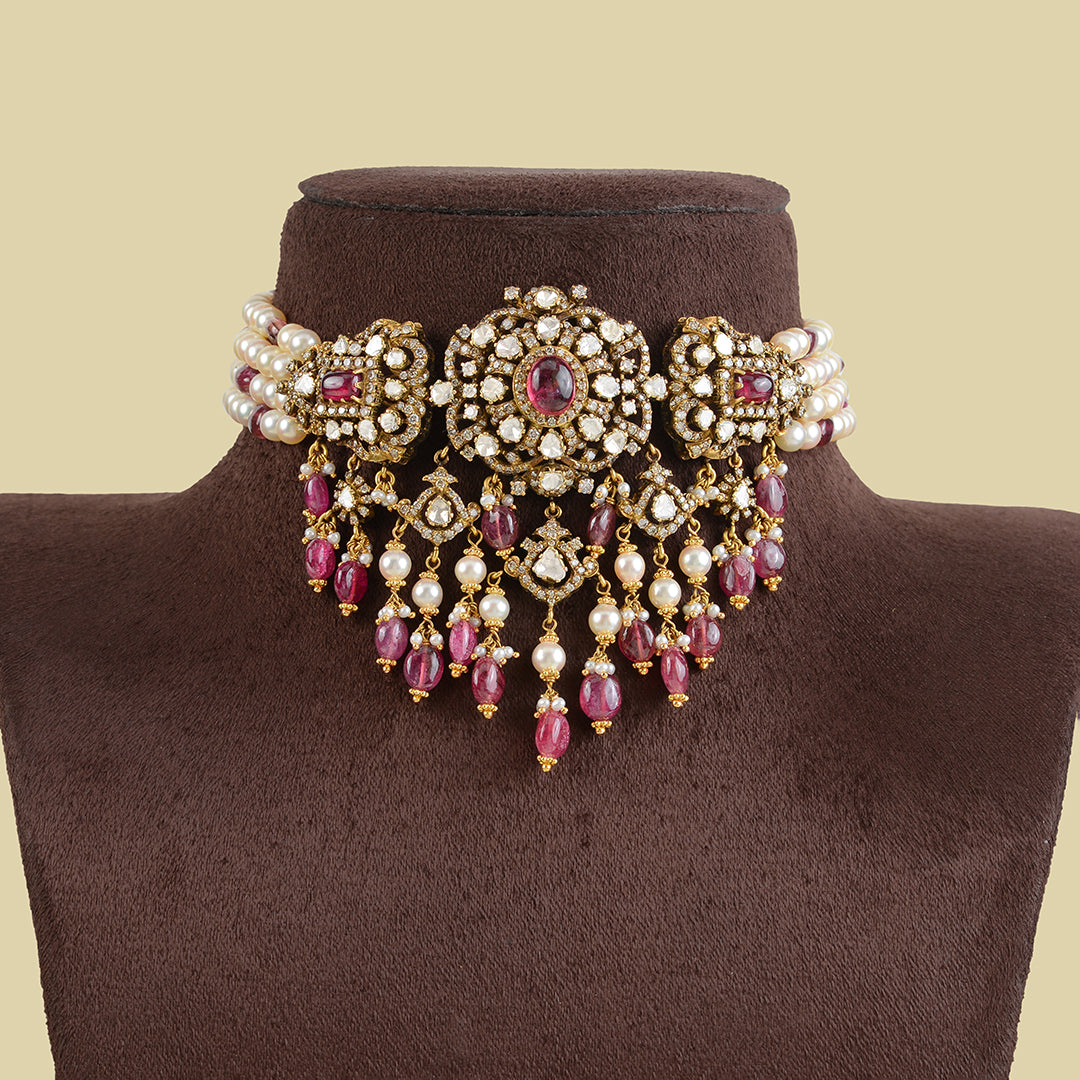 18k Ruby Pearl Polki Choker - Krishna Jewellers Pearls and Gems