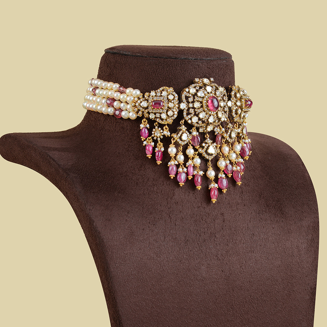 18k Ruby Pearl Polki Choker - Krishna Jewellers Pearls and Gems