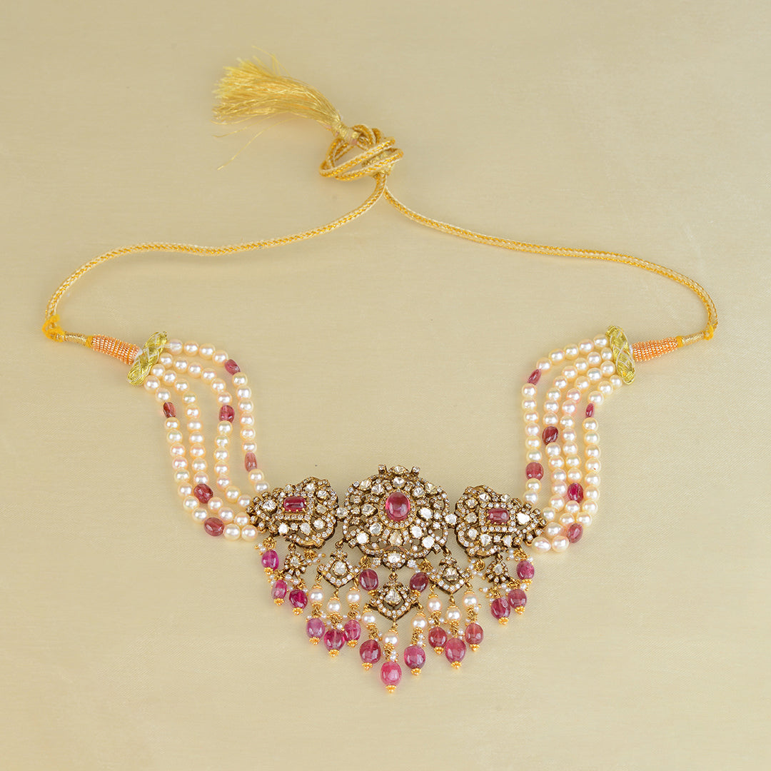 18k Ruby Pearl Polki Choker - Krishna Jewellers Pearls and Gems