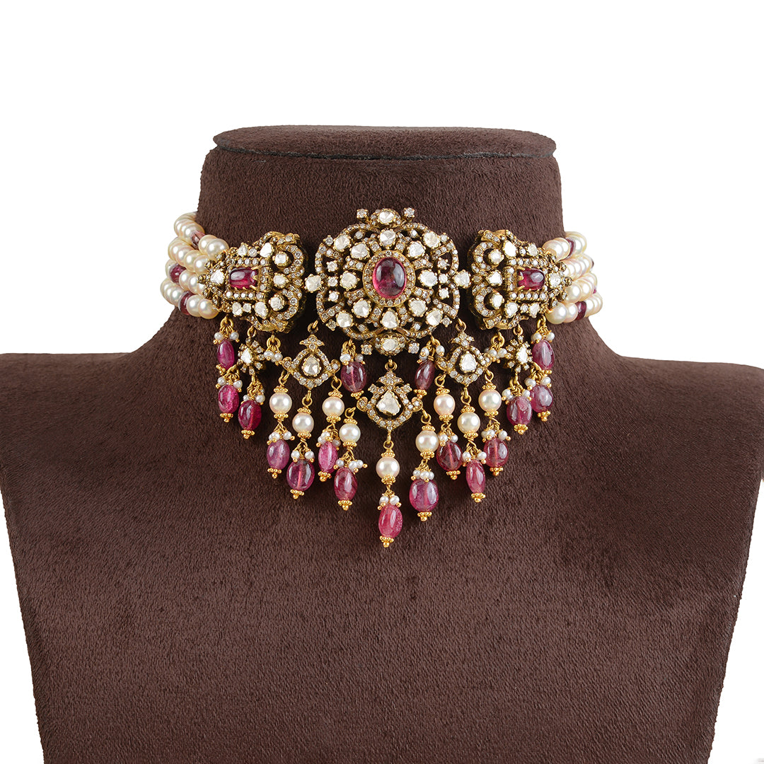 18k Ruby Pearl Polki Choker - Krishna Jewellers Pearls and Gems