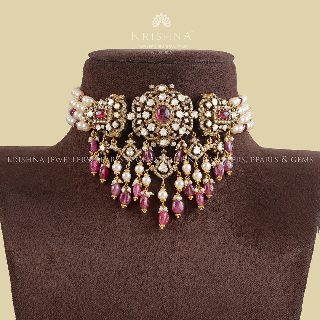 18k Ruby Pearl Polki Choker - Krishna Jewellers Pearls and Gems