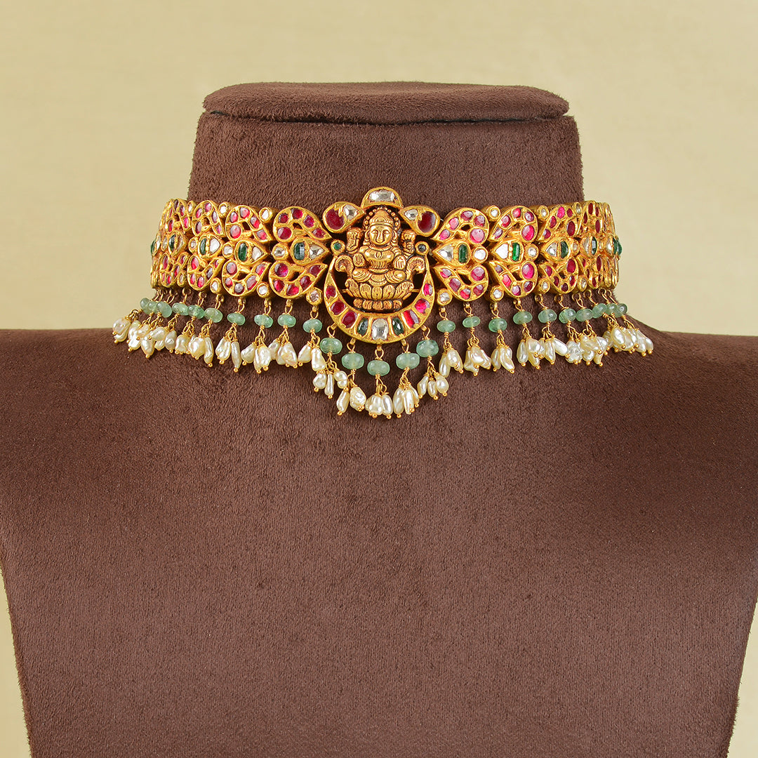 Gold Laxmi Devi Kundan Choker - Krishna Jewellers Pearls and Gems
