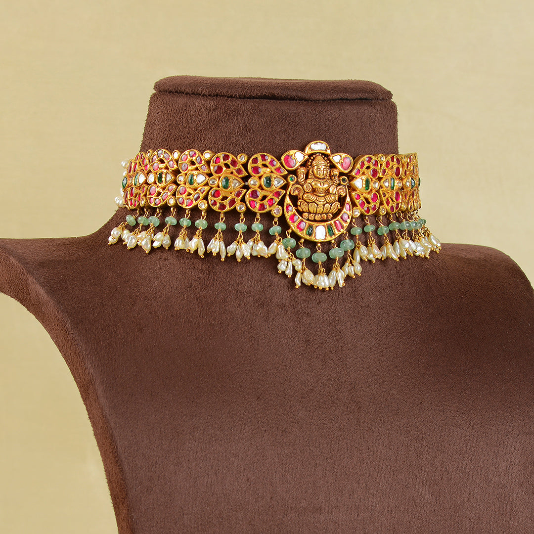Gold Laxmi Devi Kundan Choker - Krishna Jewellers Pearls and Gems