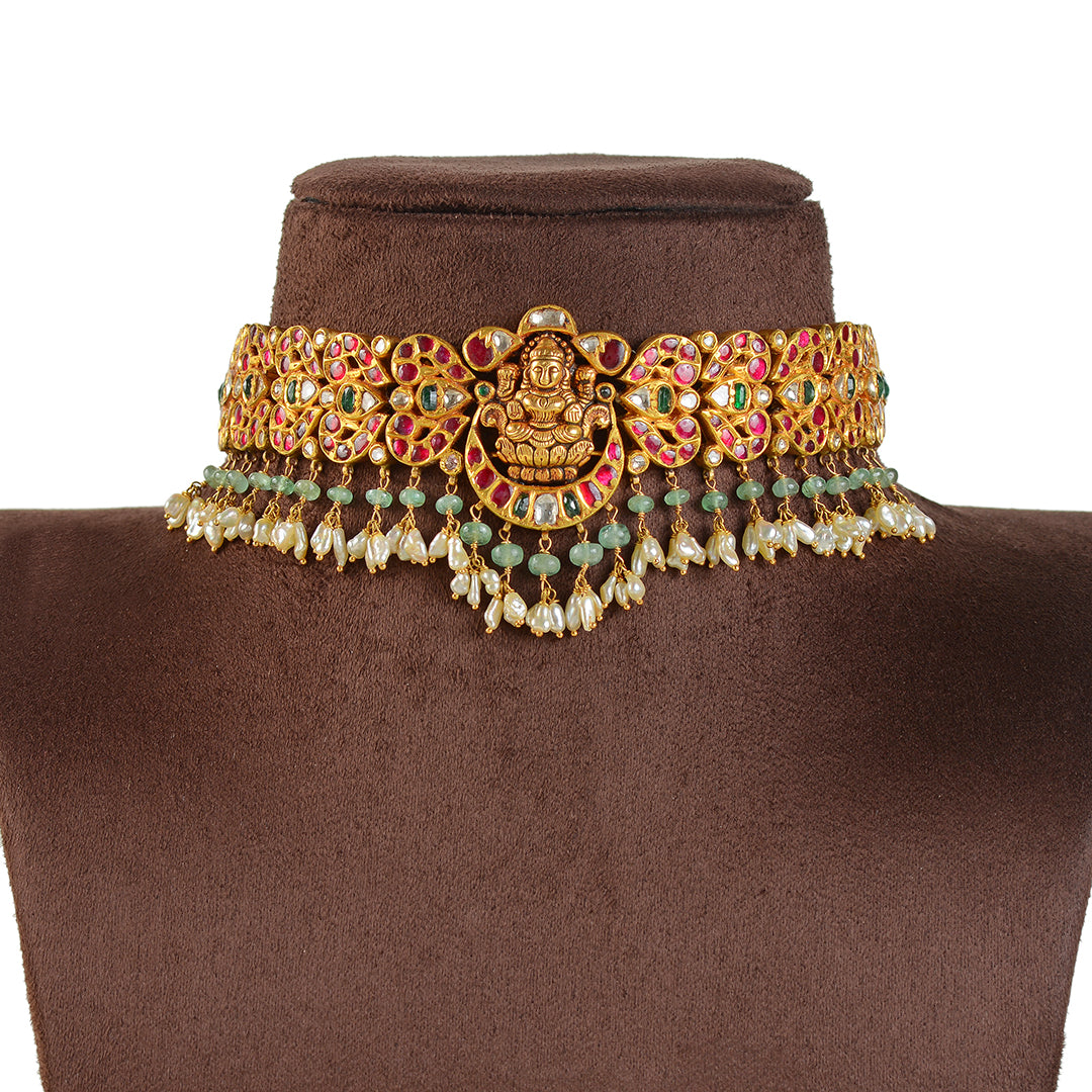 Gold Laxmi Devi Kundan Choker - Krishna Jewellers Pearls and Gems