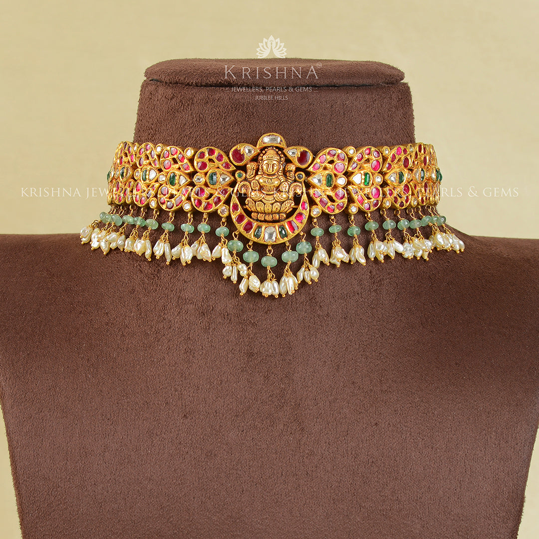 Gold Laxmi Devi Kundan Choker - Krishna Jewellers Pearls and Gems