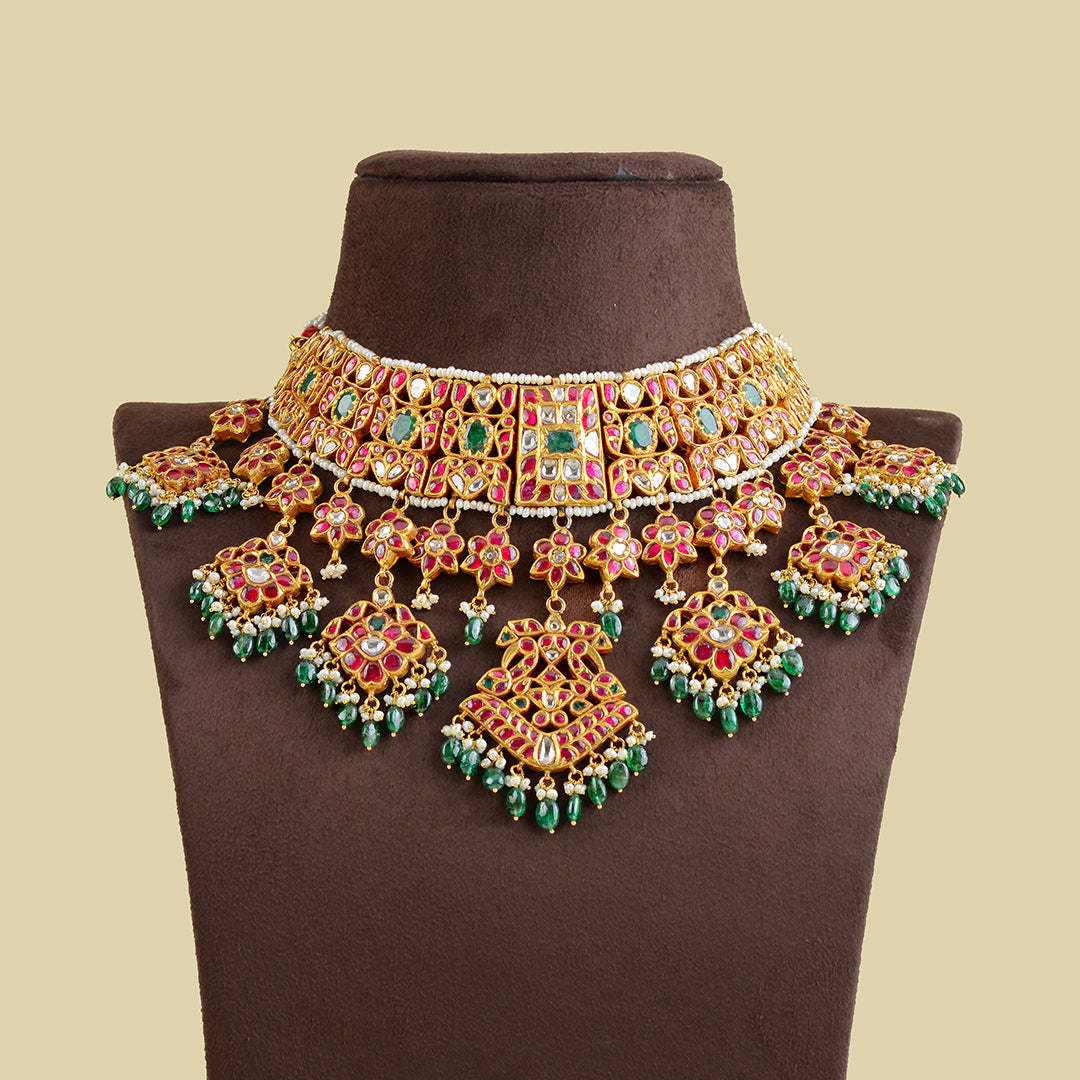 22k Gold Kundan Polki Emerald Choker - Krishna Jewellers Pearls and Gems