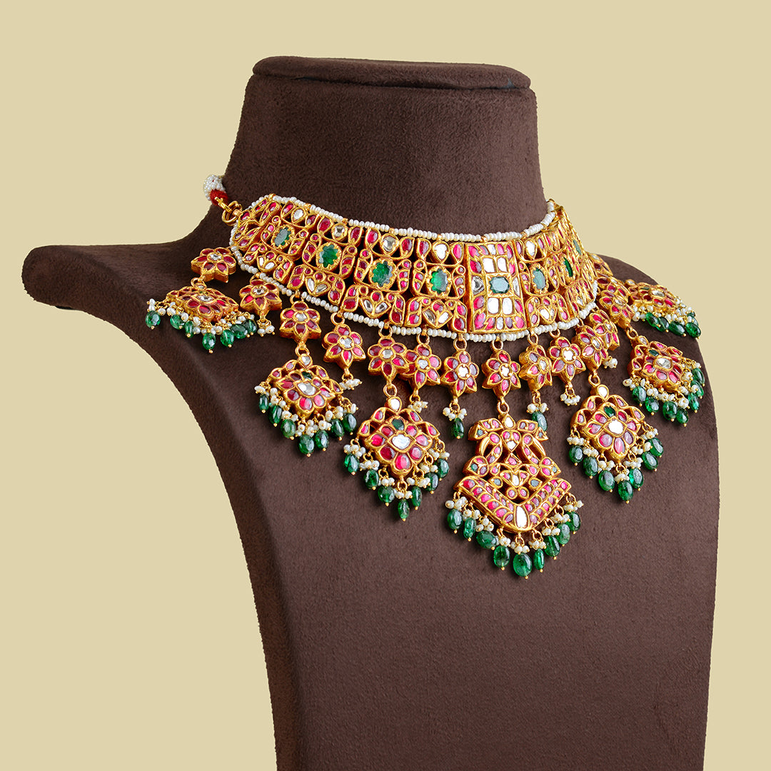 22k Gold Kundan Polki Emerald Choker - Krishna Jewellers Pearls and Gems