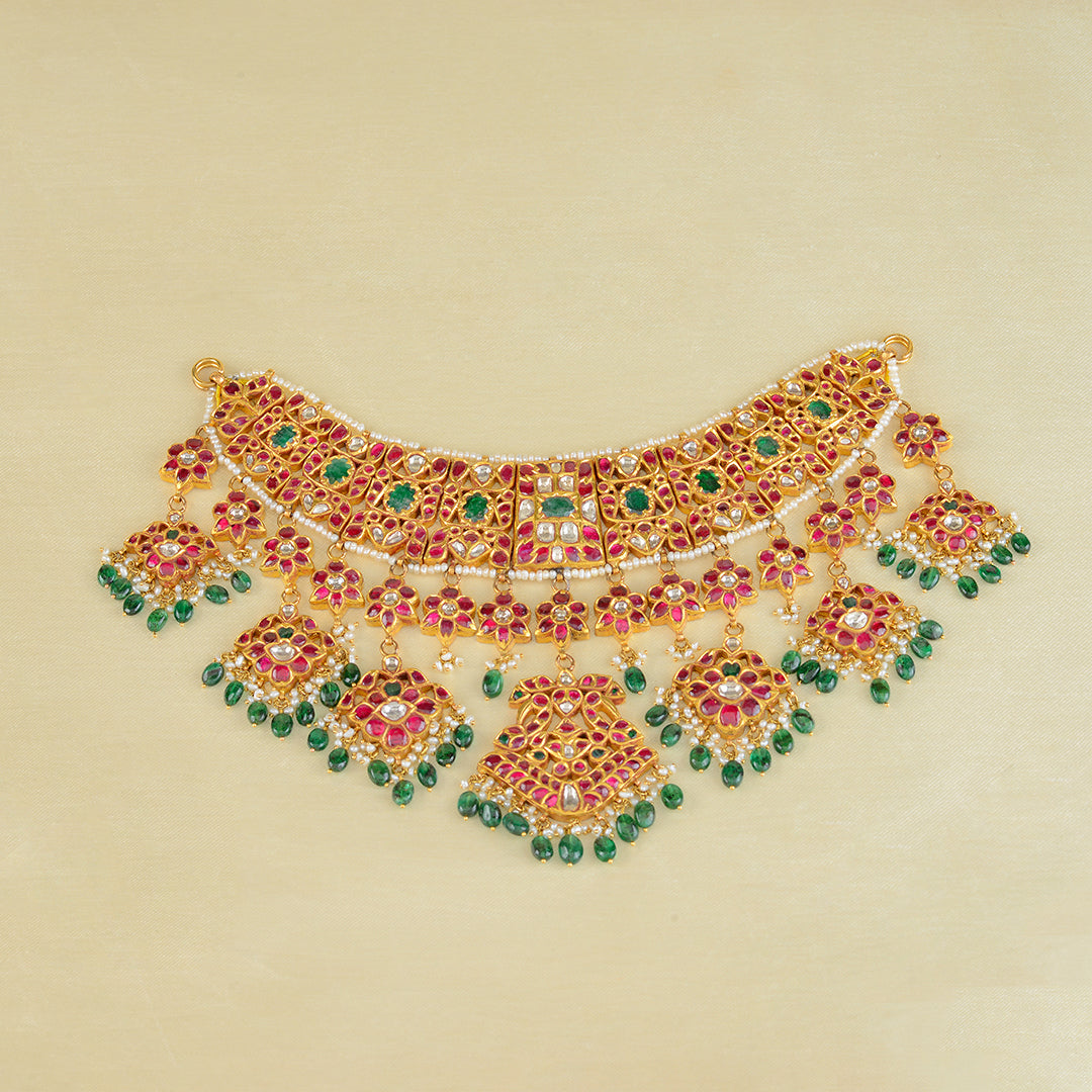 22k Gold Kundan Polki Emerald Choker - Krishna Jewellers Pearls and Gems