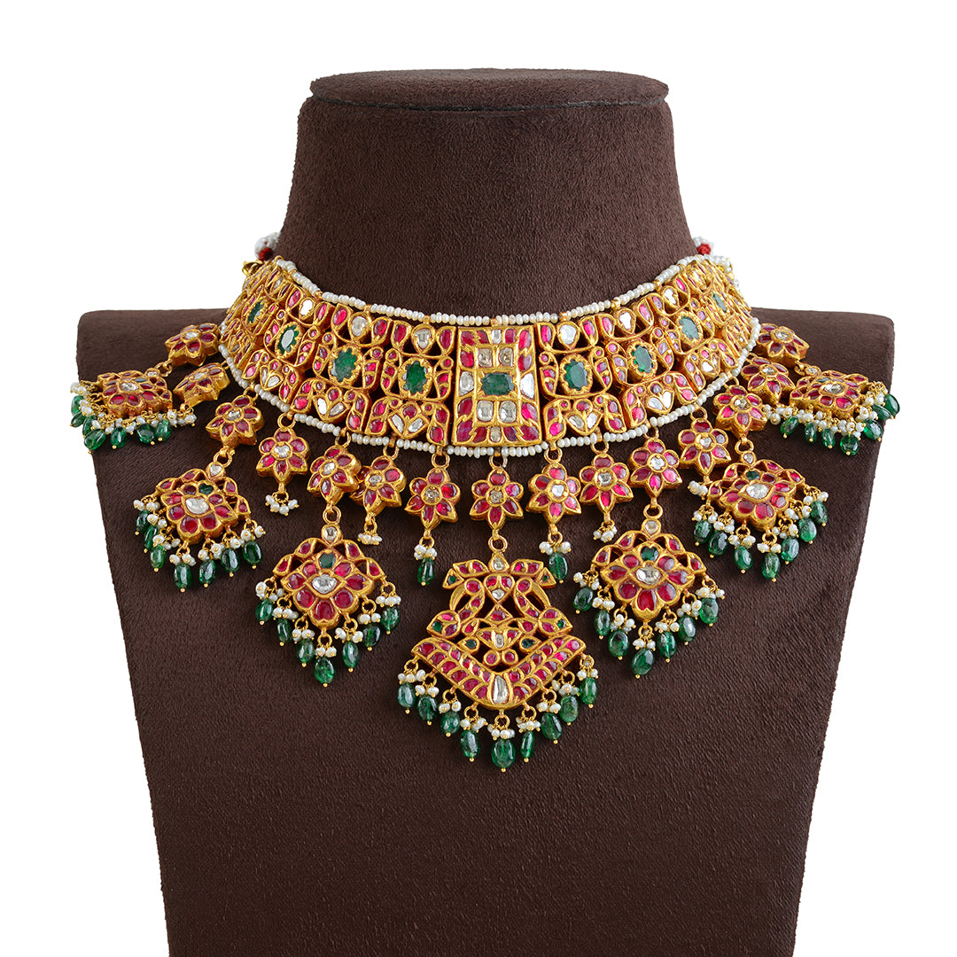 22k Gold Kundan Polki Emerald Choker - Krishna Jewellers Pearls and Gems