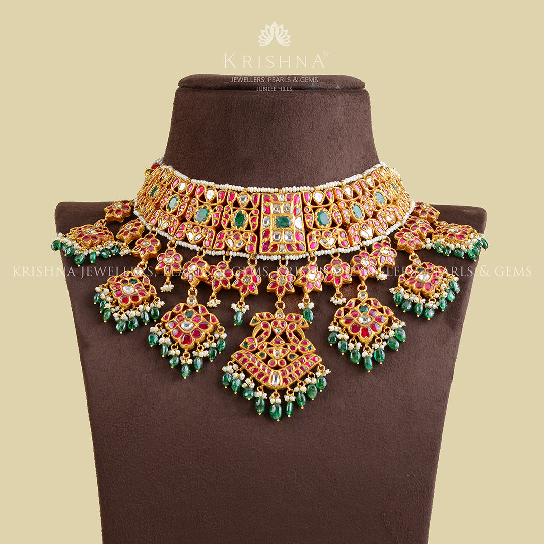 22k Gold Kundan Polki Emerald Choker - Krishna Jewellers Pearls and Gems