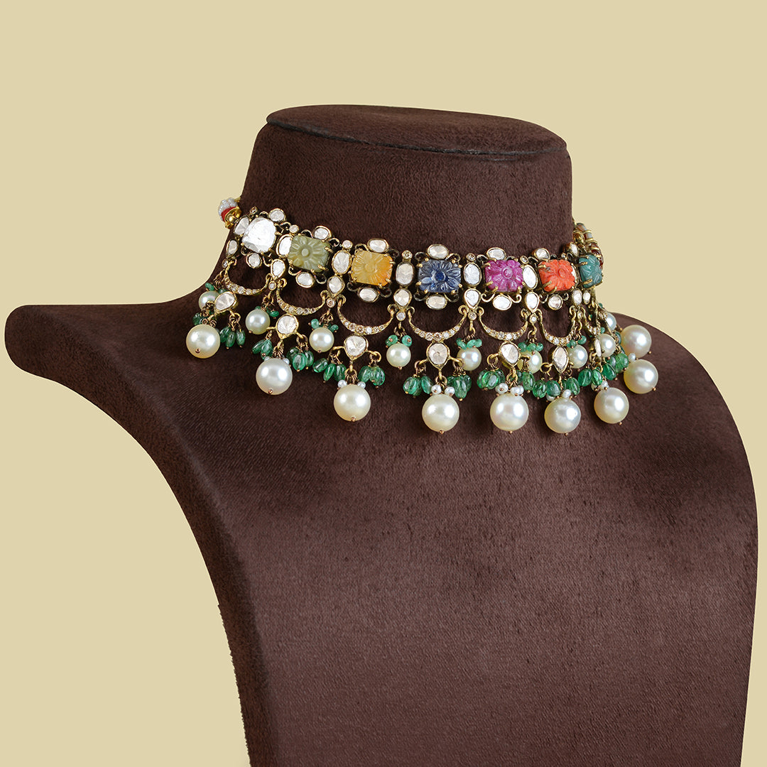 18k Navarathna Gold Polki Choker - Krishna Jewellers Pearls and Gems