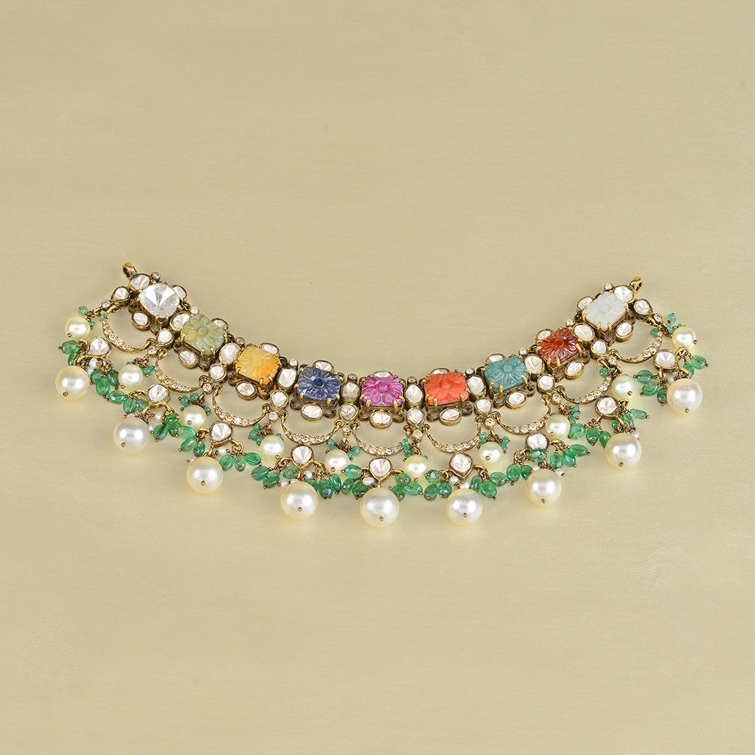 18k Navarathna Gold Polki Choker - Krishna Jewellers Pearls and Gems