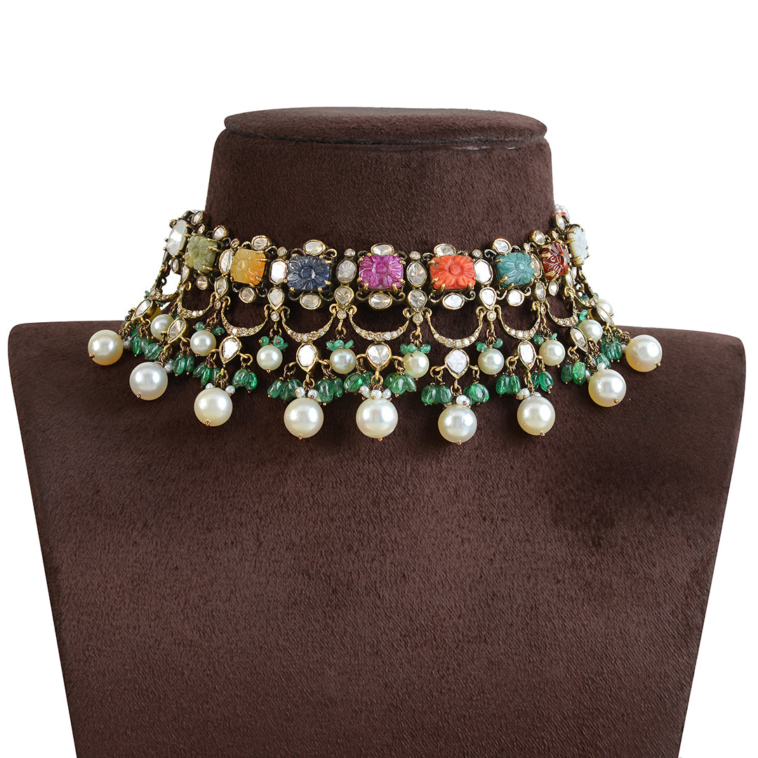 18k Navarathna Gold Polki Choker - Krishna Jewellers Pearls and Gems