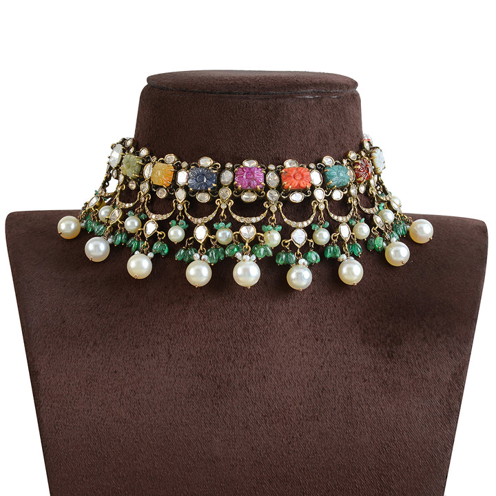 18k Navarathna Gold Polki Choker - Krishna Jewellers Pearls and Gems