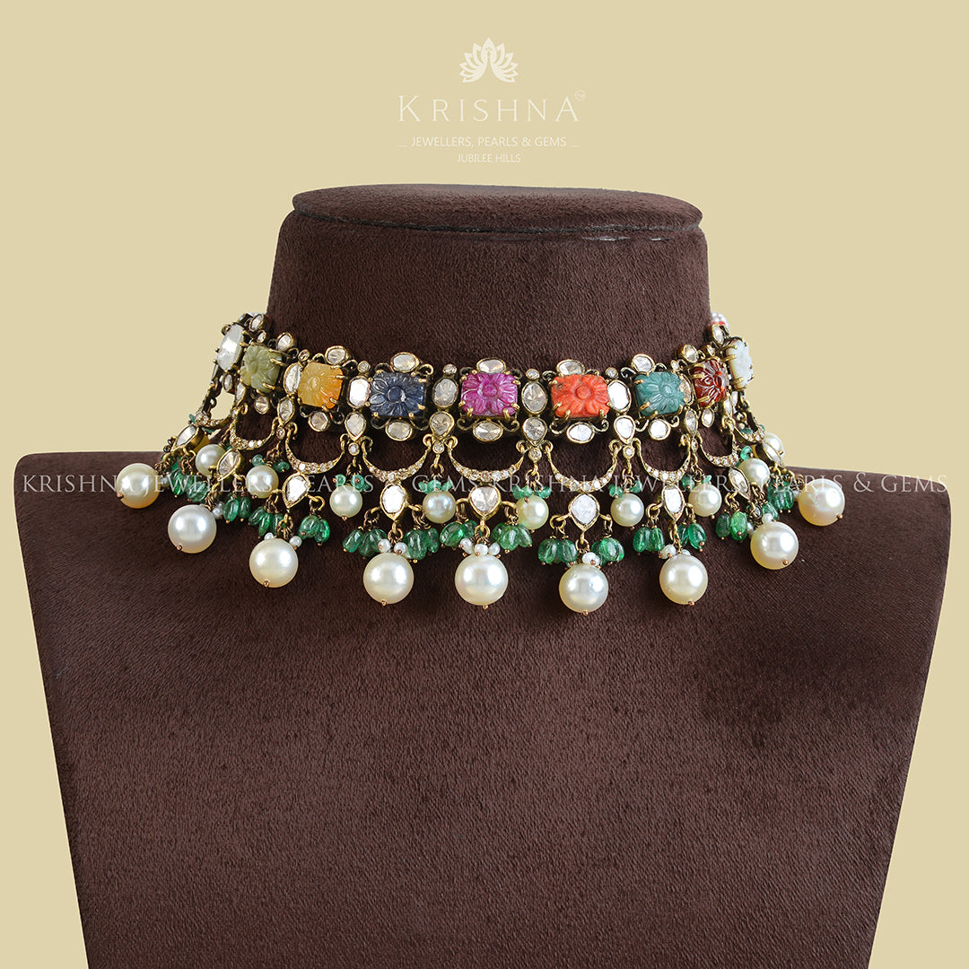 18k Navarathna Gold Polki Choker - Krishna Jewellers Pearls and Gems