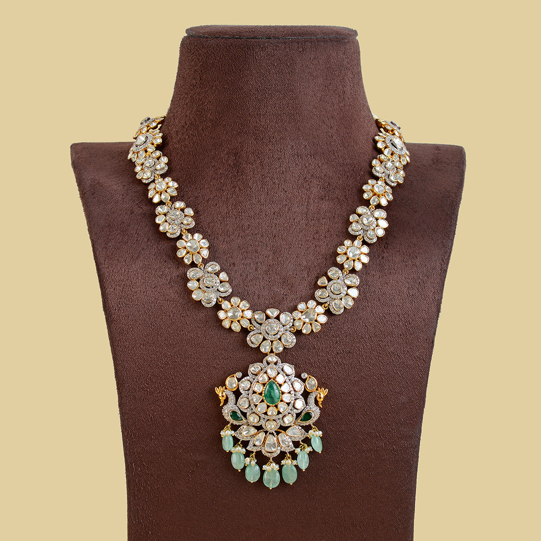 Polki Emerald Long Necklace in yellow gold - Krishna Jewellers Pearls and Gems