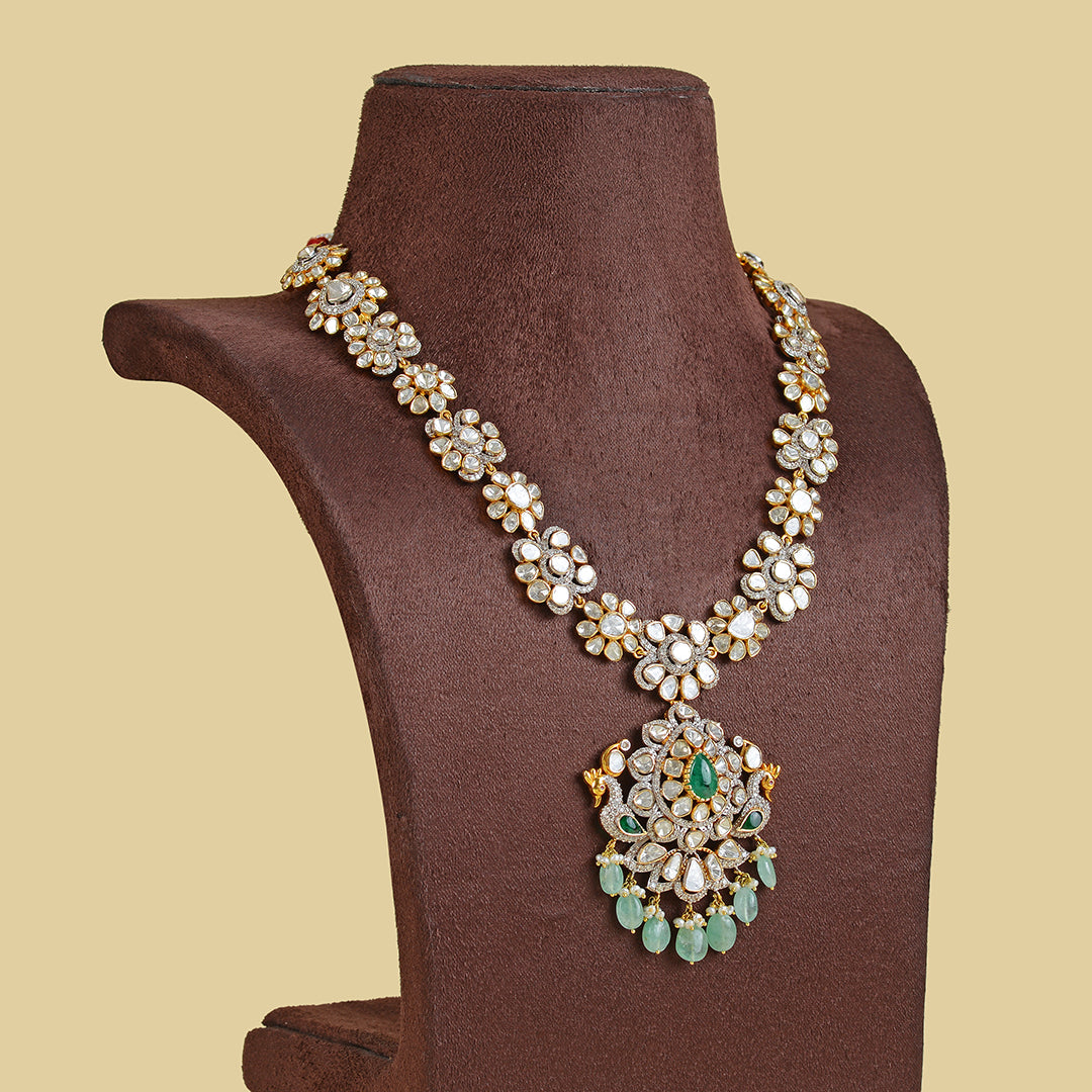 Polki Emerald Long Necklace in yellow gold - Krishna Jewellers Pearls and Gems