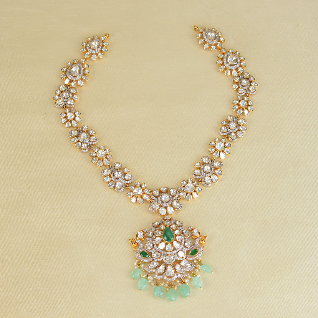 Polki Emerald Long Necklace in yellow gold - Krishna Jewellers Pearls and Gems