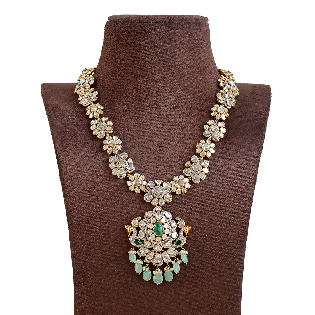 Polki Emerald Long Necklace in yellow gold - Krishna Jewellers Pearls and Gems