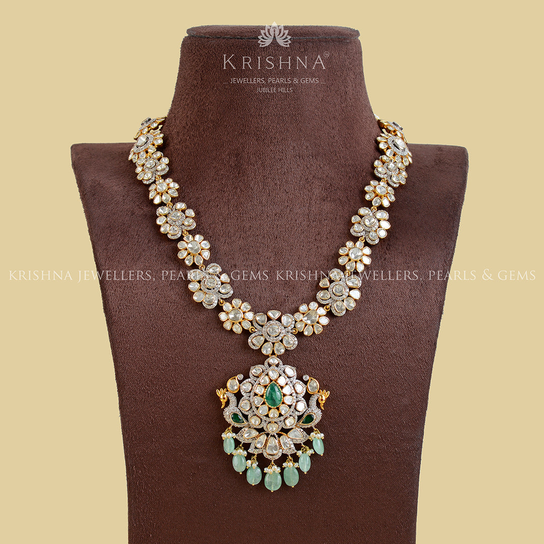 Polki Emerald Long Necklace in yellow gold - Krishna Jewellers Pearls and Gems