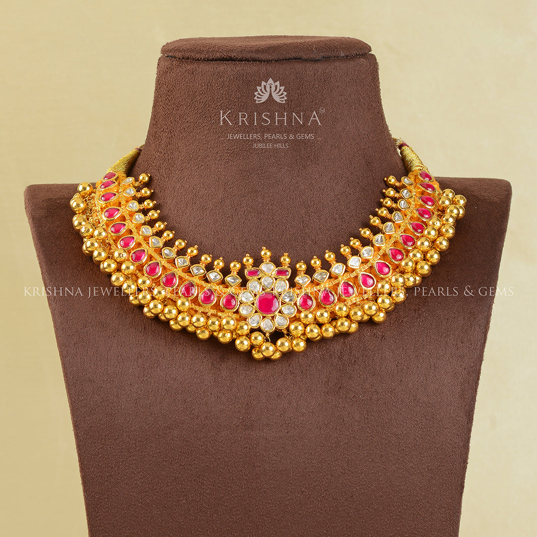 18k Gold Polki Choker Necklace - Krishna Jewellers Pearls and Gems