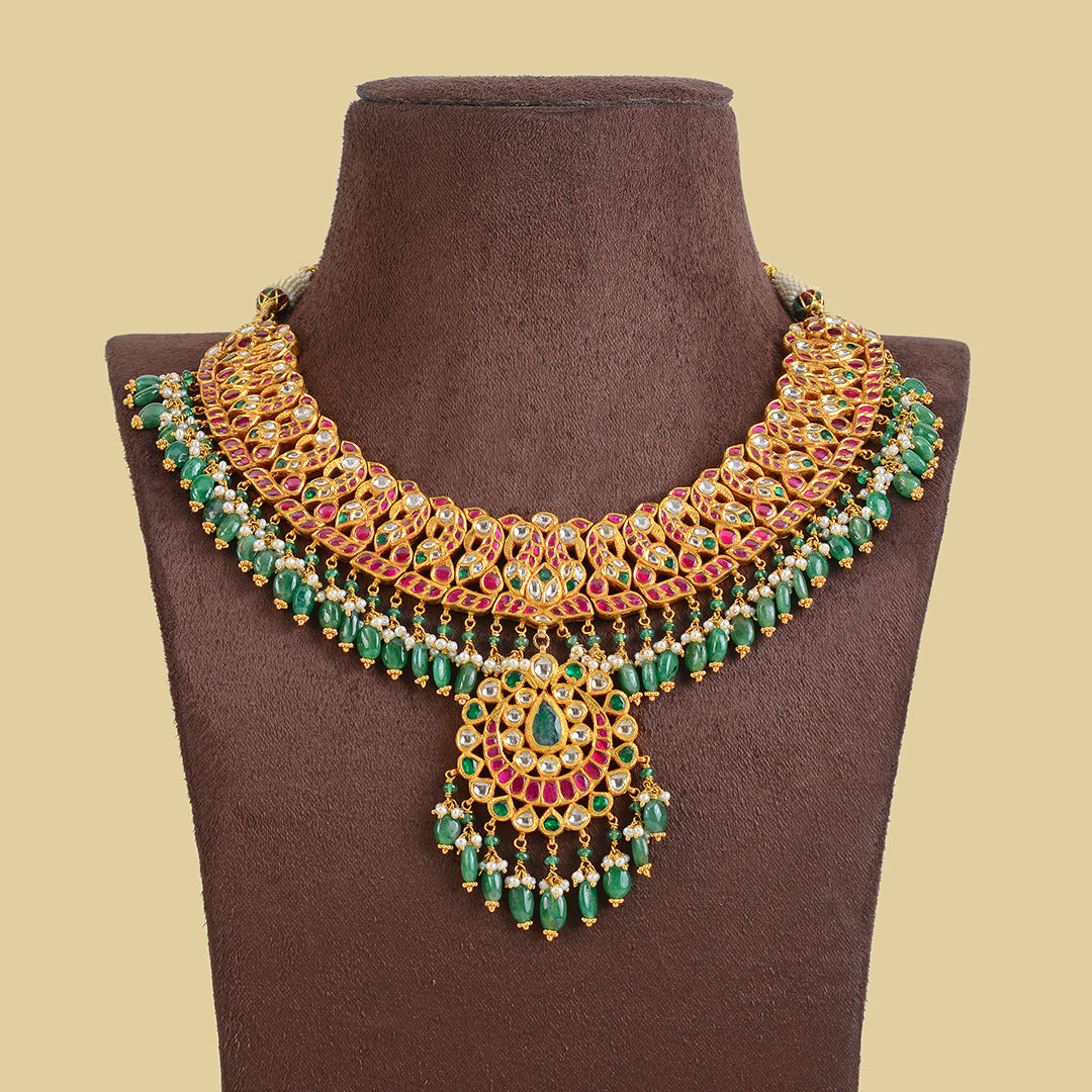 22k Gold Kundan Emerald Choker - Krishna Jewellers Pearls and Gems