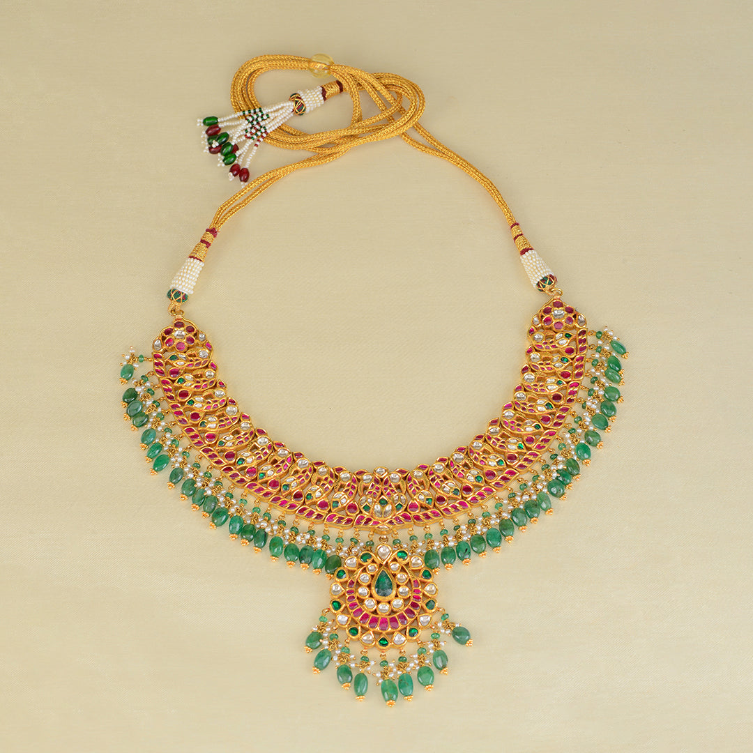 22k Gold Kundan Emerald Choker - Krishna Jewellers Pearls and Gems