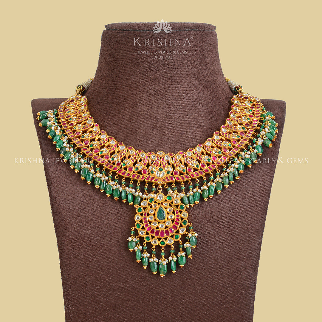 22k Gold Kundan Emerald Choker - Krishna Jewellers Pearls and Gems
