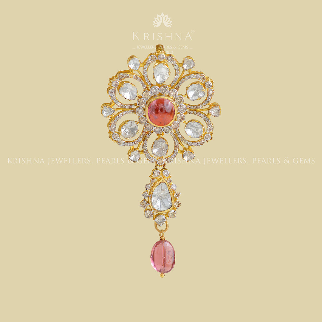 18k tourmaline beads gold polki pendant - Krishna Jewellers Pearls and Gems